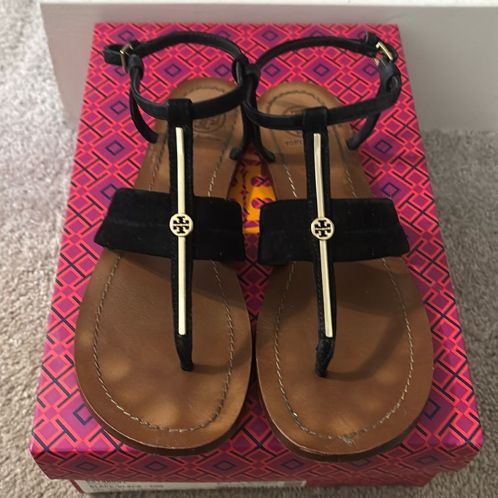 Tory Burch black suede flat sandal- size 6.5, good condition